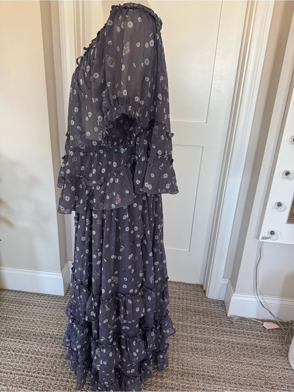Free People Dusty Blue Floral Tiered two piece set- blouse and maxi skirt - Picture 5 of 9